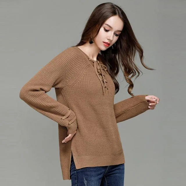 Knitted Lace-Up Sweater