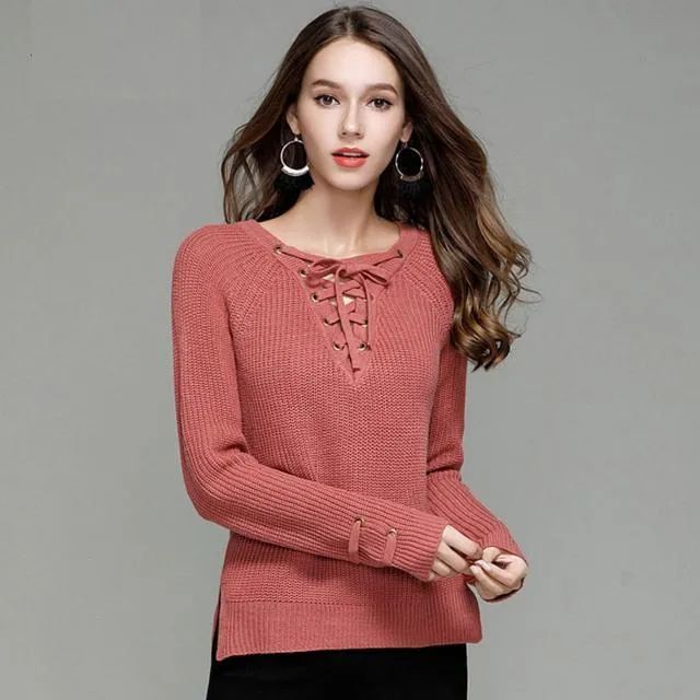 Knitted Lace-Up Sweater