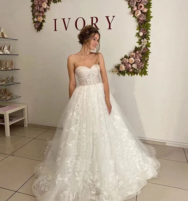 Lace Floral Puff Sleeve Wedding Dresses Sweetheart Long Train Bride Gowns Corset Back OKV20
