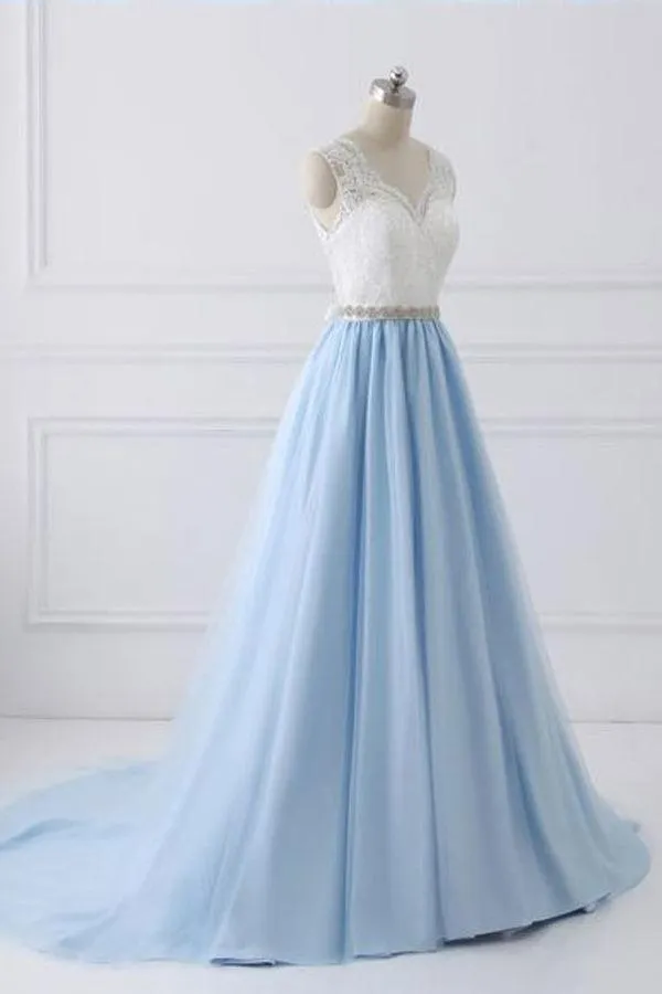 Lace Straps A line Blue Skirt Long Evening Prom Dresses PG583