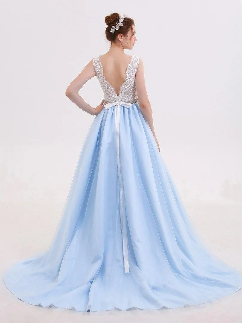 Lace Straps A line Blue Skirt Long Evening Prom Dresses PG583