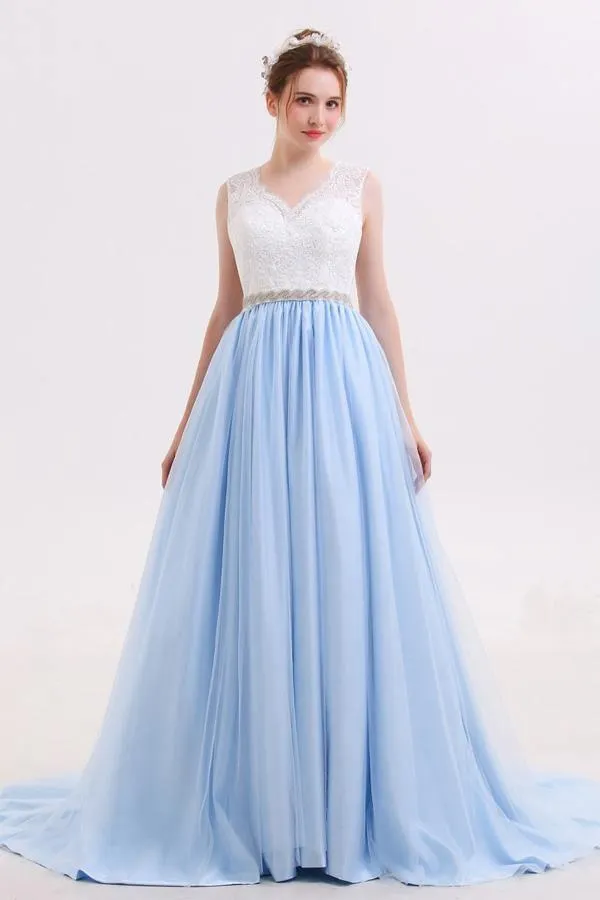 Lace Straps A line Blue Skirt Long Evening Prom Dresses PG583