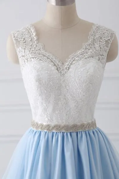 Lace Straps A line Blue Skirt Long Evening Prom Dresses PG583