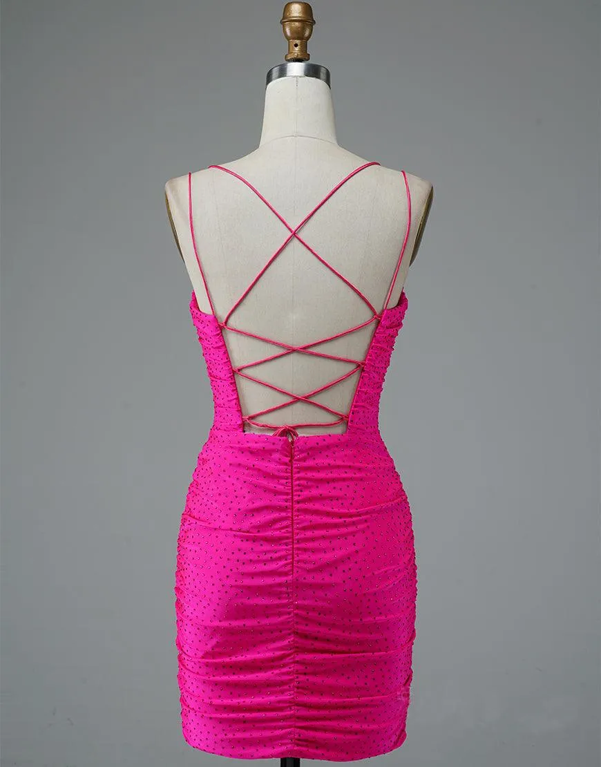 Lace Up Spaghetti Straps Short Homecoming Dress Hot Pink Dance Dress HD0134
