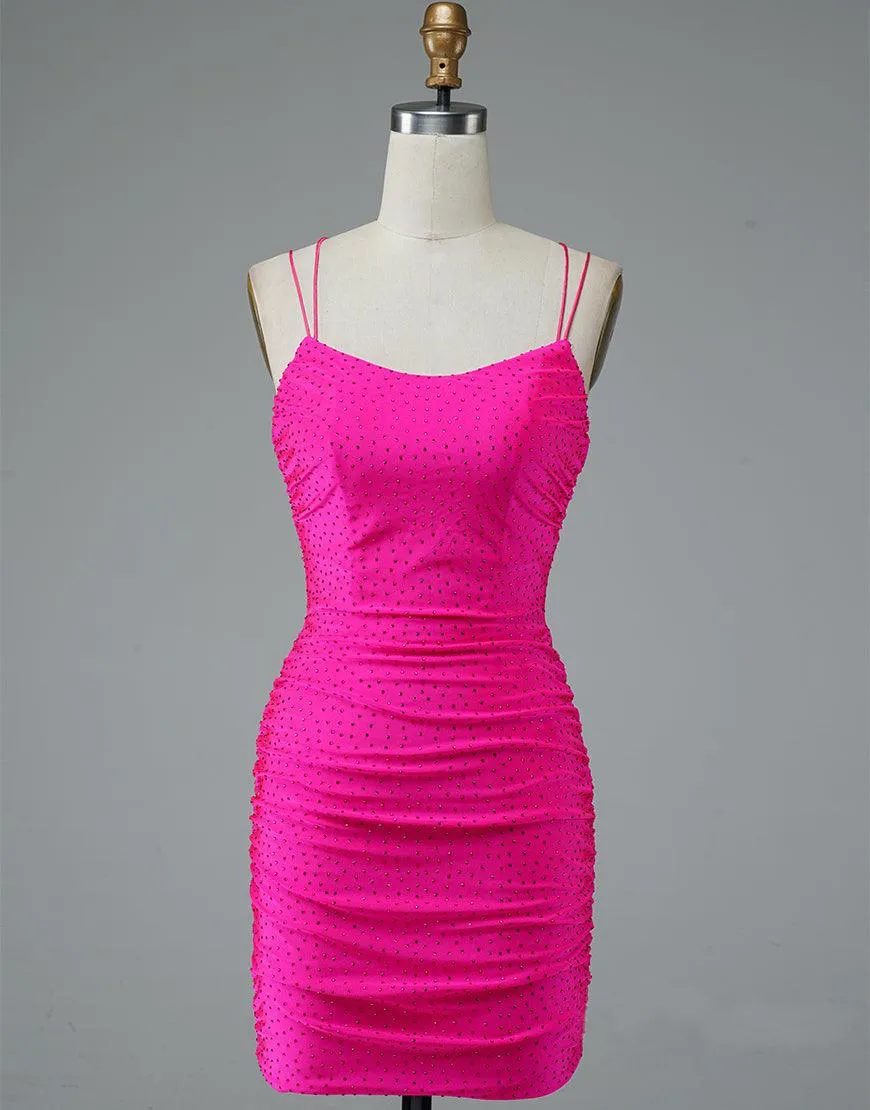 Lace Up Spaghetti Straps Short Homecoming Dress Hot Pink Dance Dress HD0134
