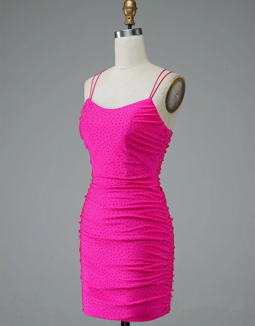 Lace Up Spaghetti Straps Short Homecoming Dress Hot Pink Dance Dress HD0134