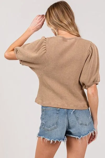Lace-Up Waffle Knit Crop Top in Taupe