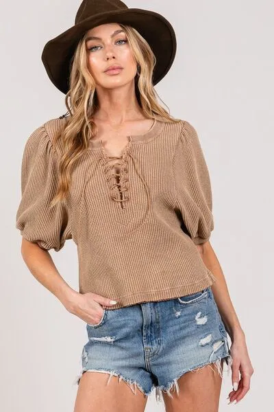 Lace-Up Waffle Knit Crop Top in Taupe