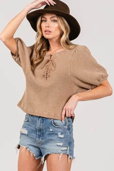 Lace-Up Waffle Knit Crop Top in Taupe