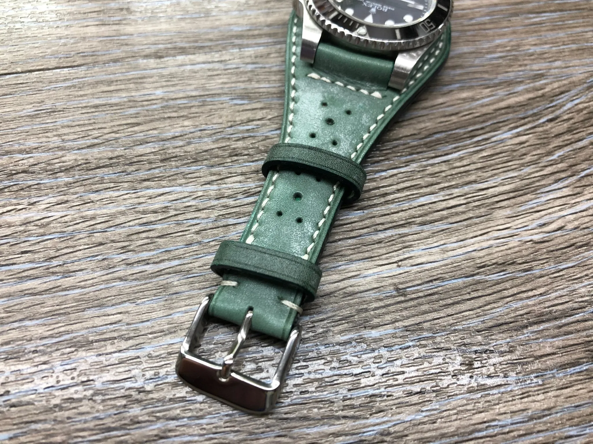 Leather Watch band 20mm, Genuine Leather Watch Straps Brogue Pattern 19mm, Vintage Green Leather Bund Straps, Gift Idea for mens