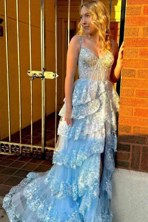 Light Blue Lace Tiered Tulle Long Corset Prom Dresses TP1318