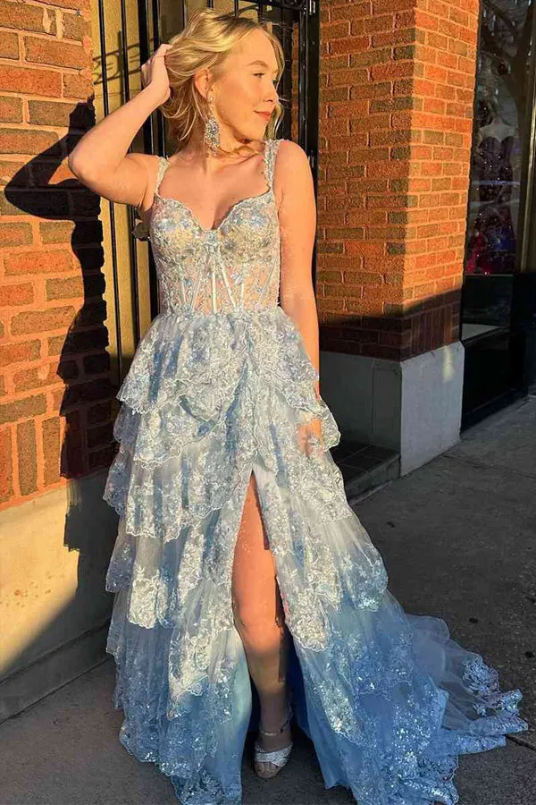 Light Blue Lace Tiered Tulle Long Corset Prom Dresses TP1318