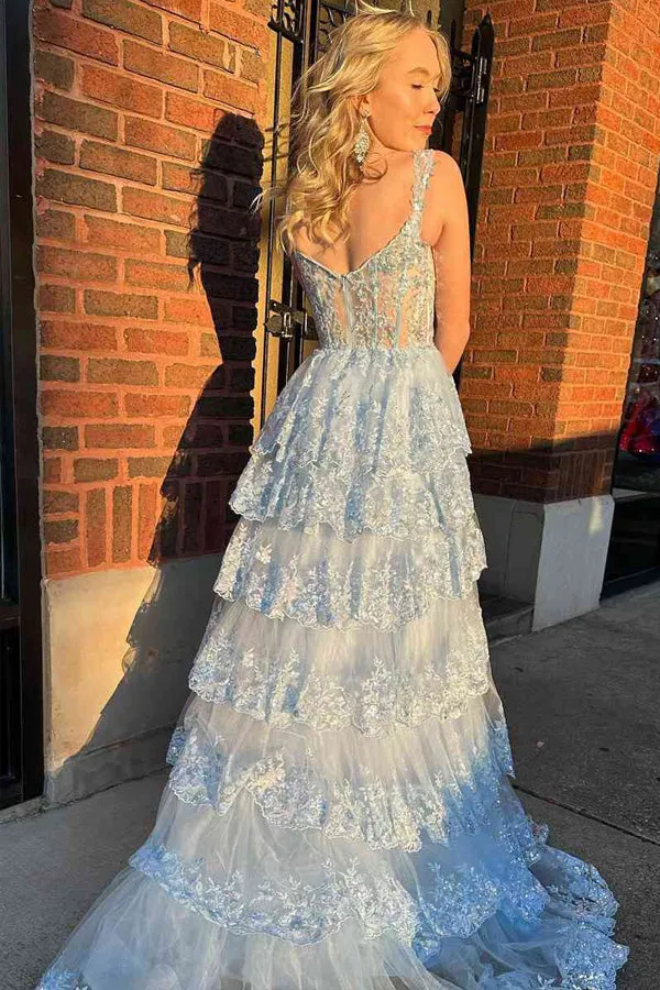Light Blue Lace Tiered Tulle Long Corset Prom Dresses TP1318
