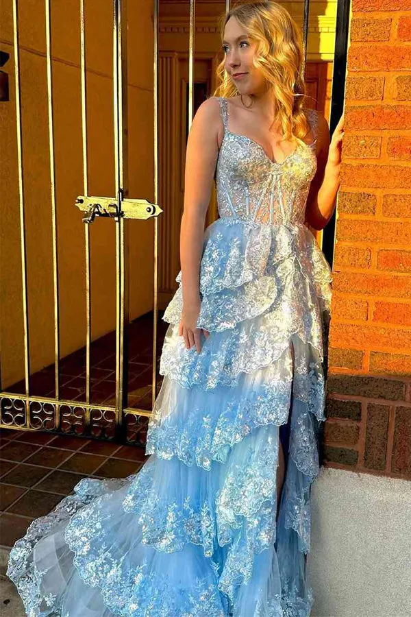 Light Blue Lace Tiered Tulle Long Corset Prom Dresses TP1318