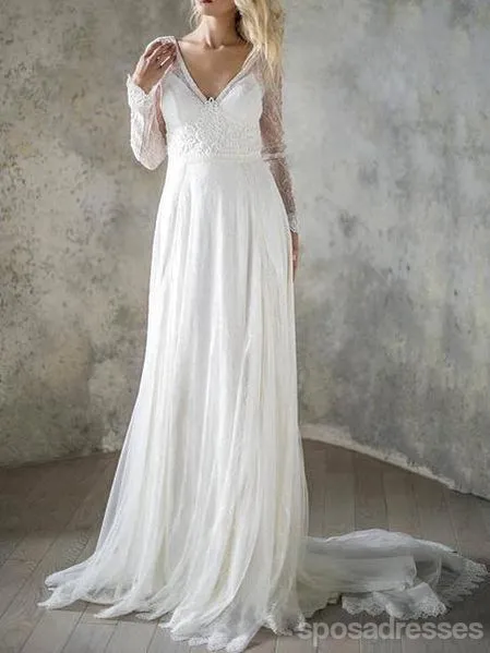 Long Sleeves Lace Backless Cheap Wedding Dresses Online, Cheap Bridal Dresses, WD543