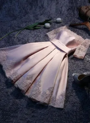 Lovely Satin Pink A Line Off Shoulder Homecoming Dresses, Cute Prom Dresses with Lace-up