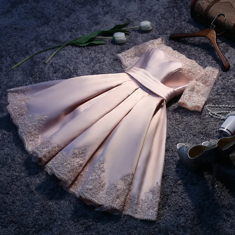Lovely Satin Pink A Line Off Shoulder Homecoming Dresses, Cute Prom Dresses with Lace-up