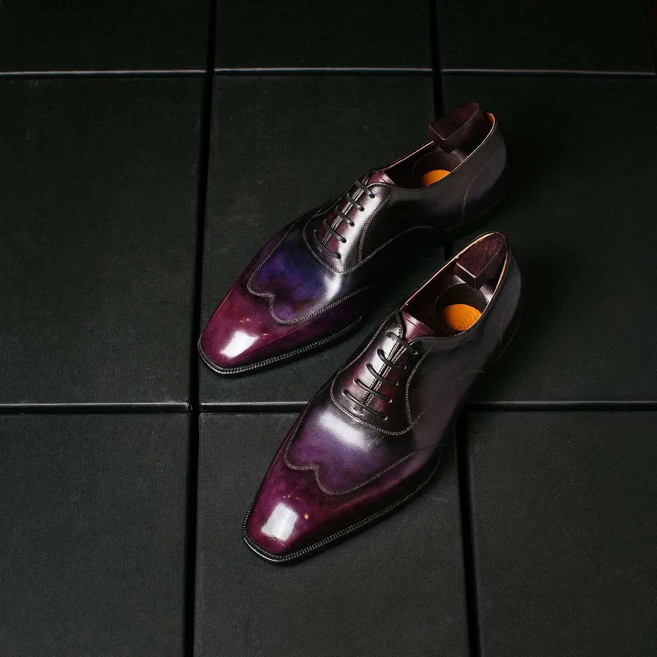 Luxury Addition - Purple Leather Isolde Brogue Patina Finish Oxfords - Formal Shoes