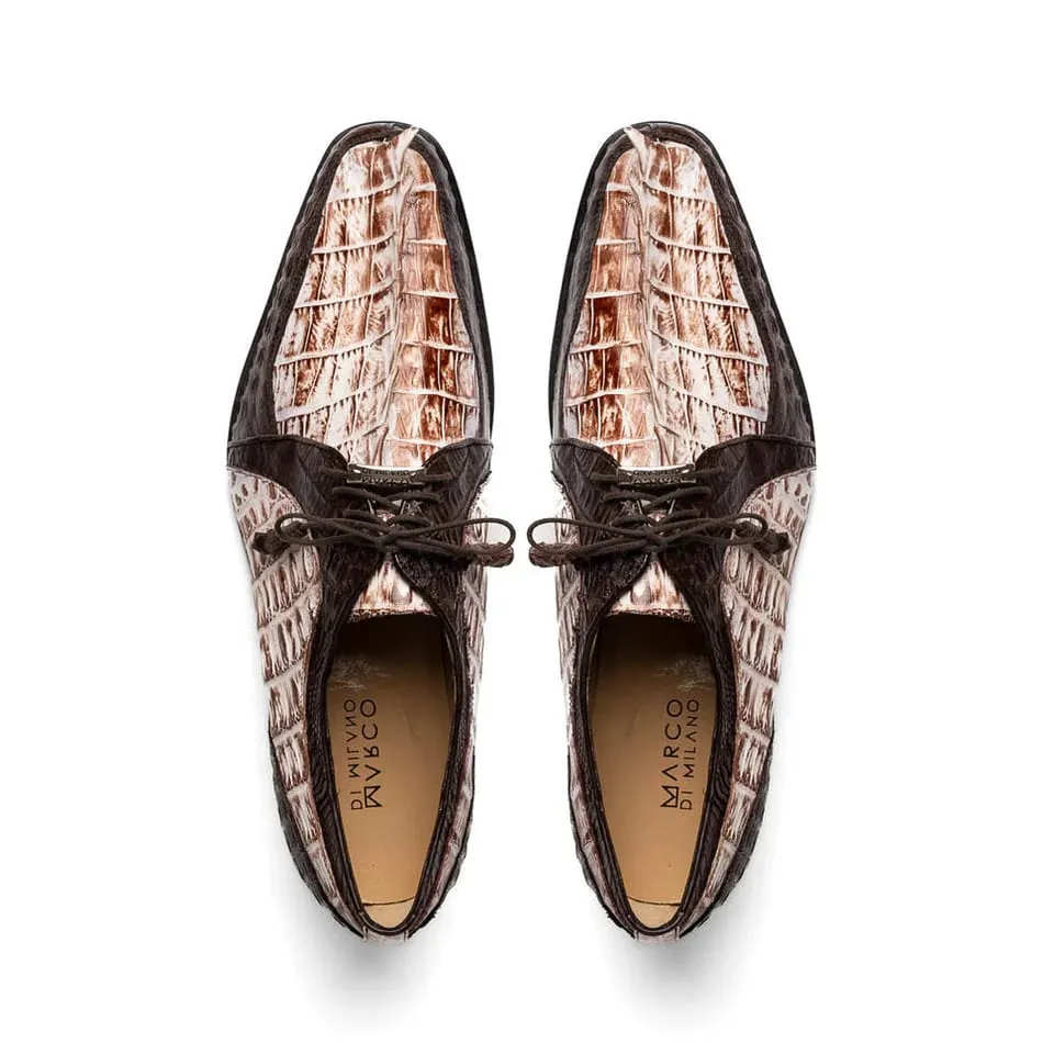 Marco Di Milano Caribe Men's Shoes Rustic White & Brown Genuine Hornback Caiman Crocodile Dress Derby Oxfords