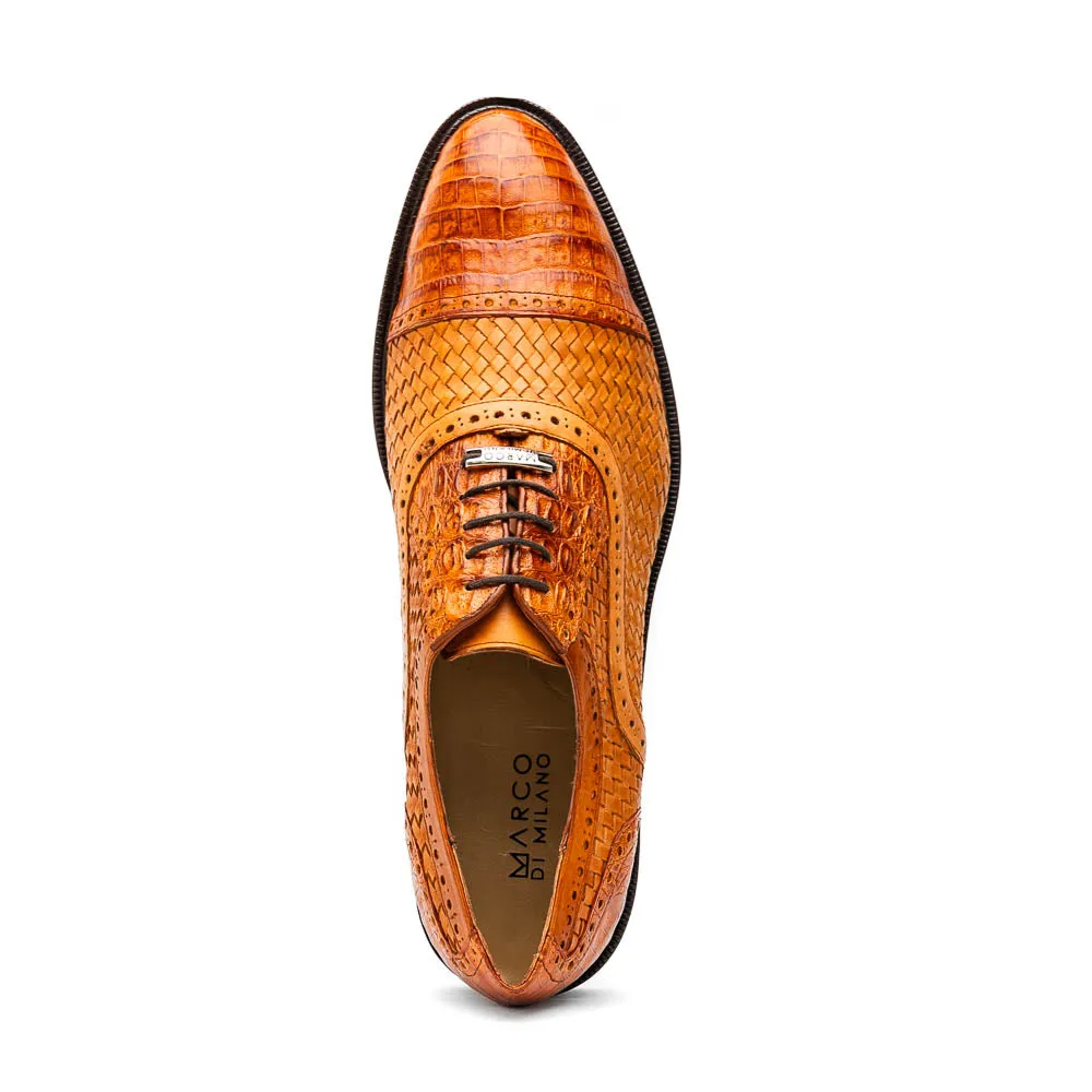 Marco Di Milano John Brandy Shoes Exotic Caiman Crocodile / Woven Leather Dress Oxfords