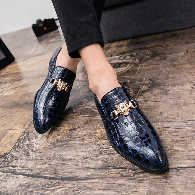 Men Dress Italian Leather Shoes Slip On Fashion Men Leather Moccasin Glitter Formal Male Shoes Pointed Toe Shoes For Men
