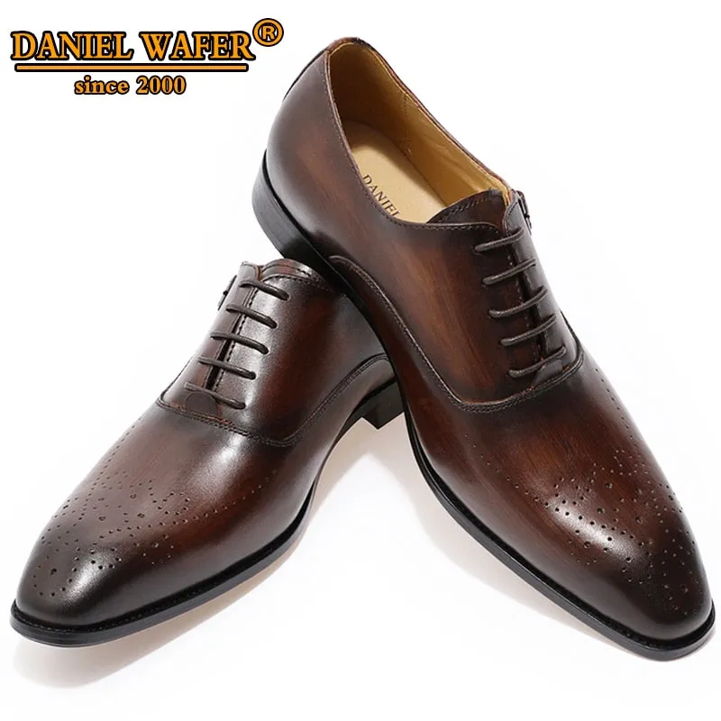MEN GENUINE LEATHER OXFORD SHOES MEN BUCKLE STRAP OFFICE DRESS WEDDING SHOES BROWN BROGUE POINTED TOE OXFORD FORMAL SHOE SUMMER
