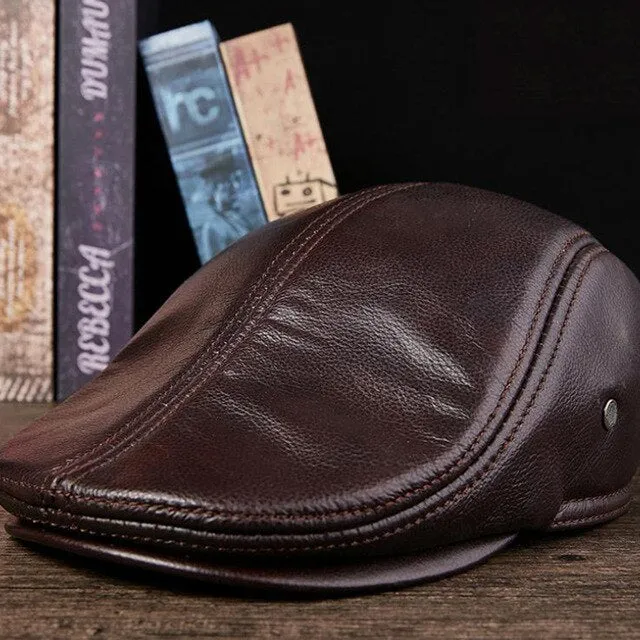 Men Real Leather Hats Berets Earflaps Casual  Male Vintage Winter  Cap