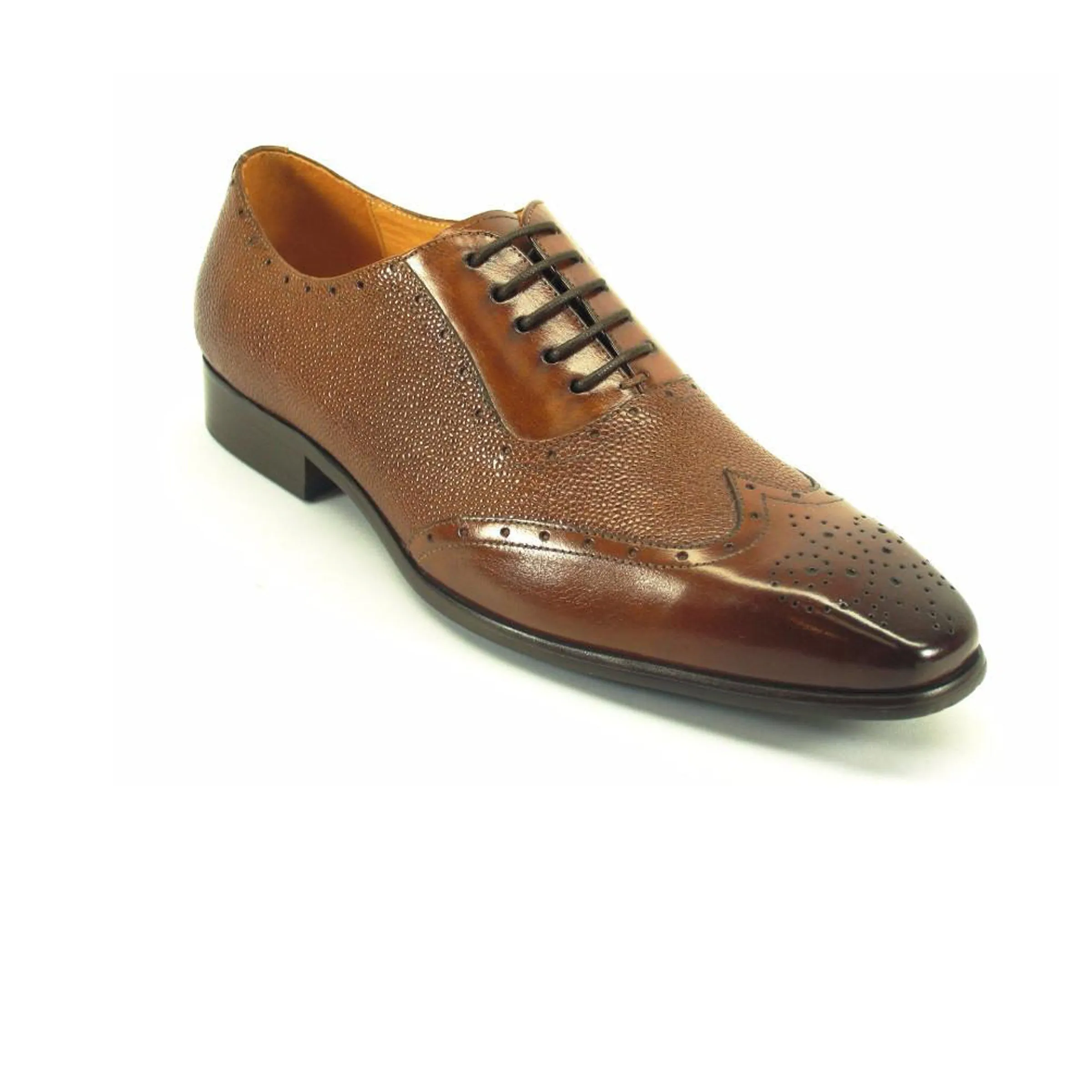 Mens Carrucci Caviar Leather Wingtip Dress Shoe in Cognac