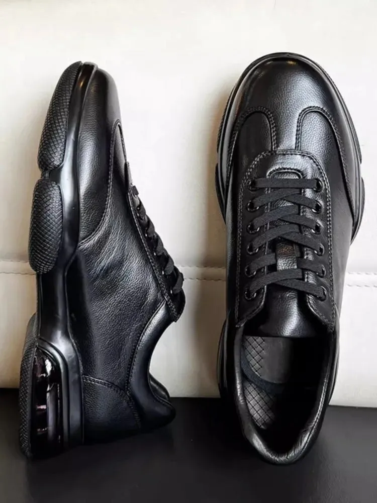 Mens Cowhide Genuine Leather Sneakers Lace Up Platform Casual Shoes