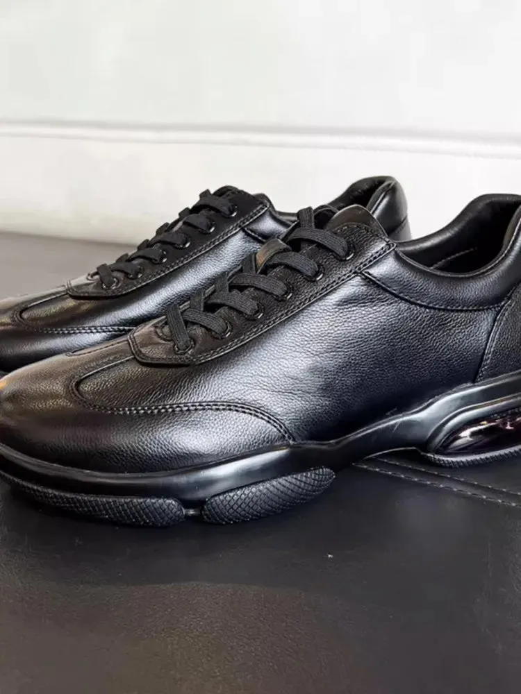Mens Cowhide Genuine Leather Sneakers Lace Up Platform Casual Shoes