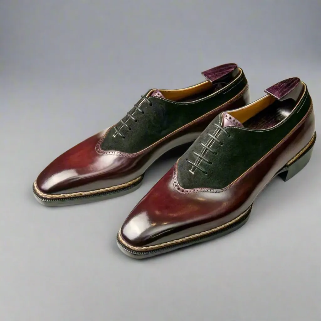 Men’s Two Tone Brown & Green Suede Leather Lace Up Fine Shoes - Formal Shoes