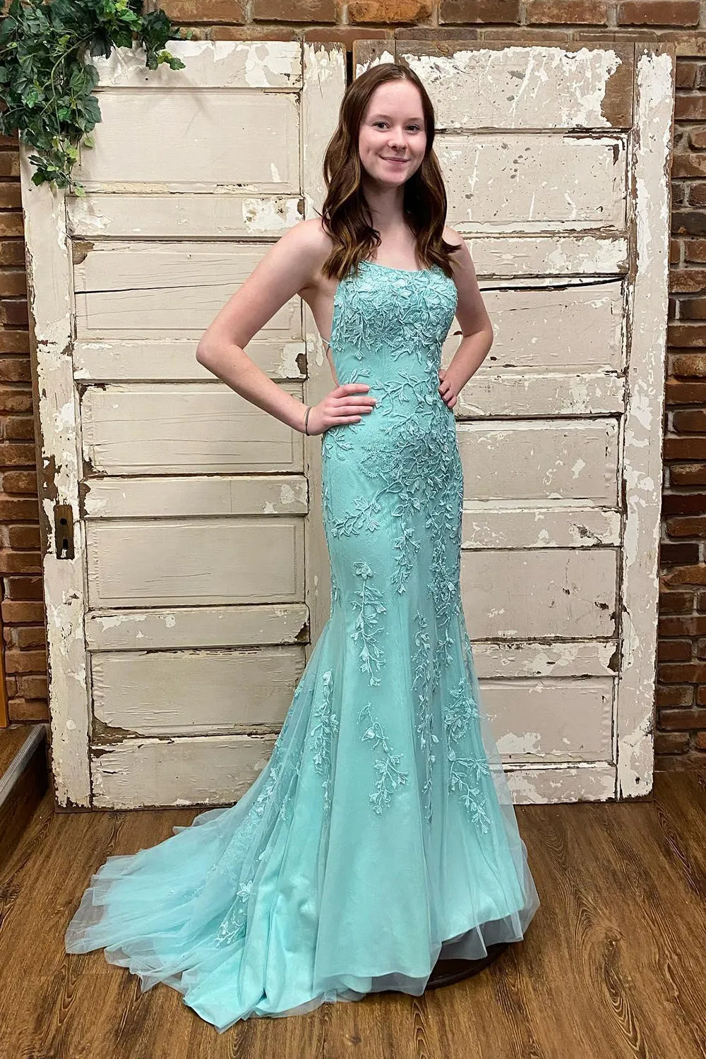 Mermaid Fuchsia Spaghetti Straps Lace Appliques Prom Dress TP1243