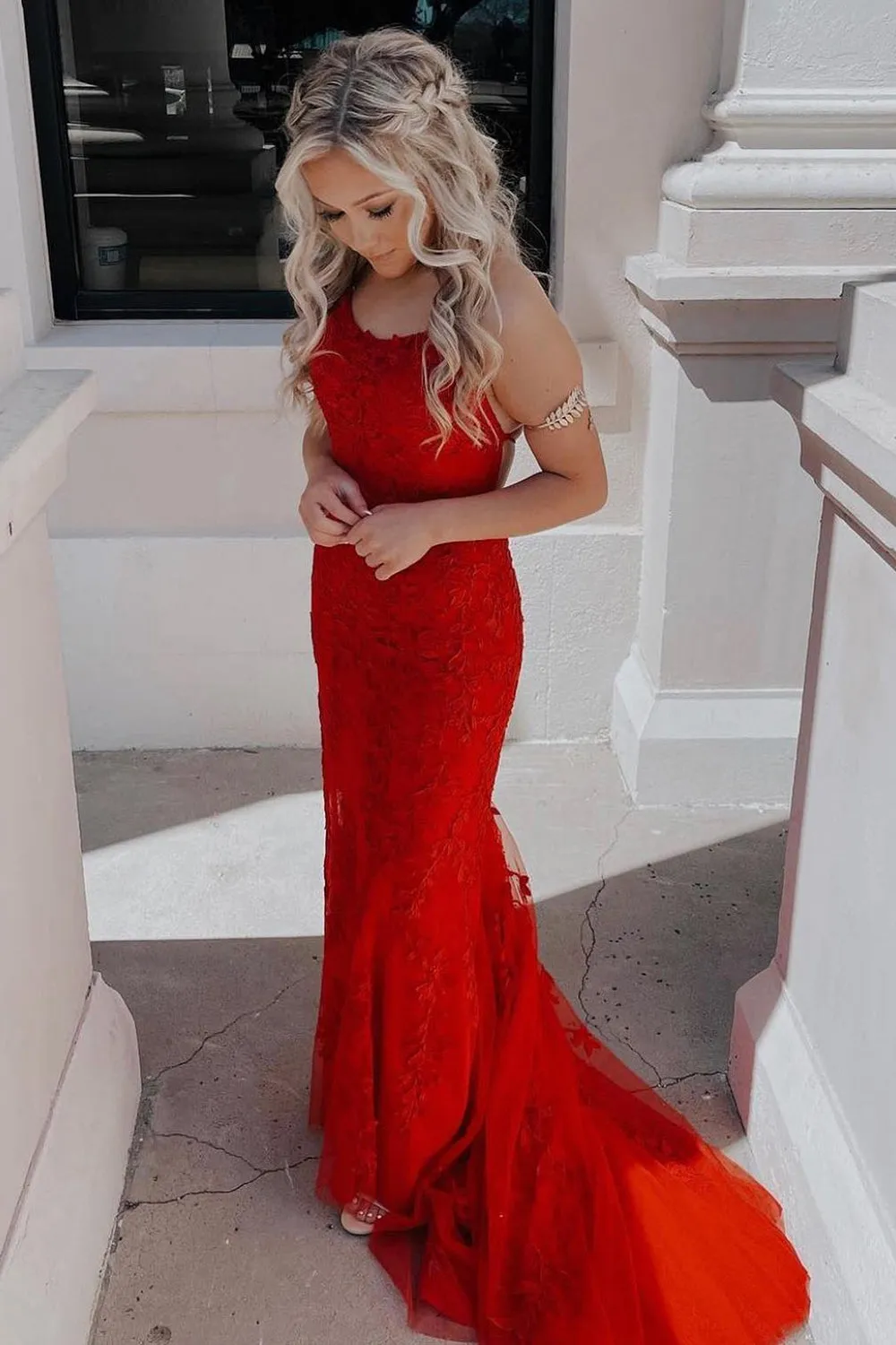 Mermaid Fuchsia Spaghetti Straps Lace Appliques Prom Dress TP1243