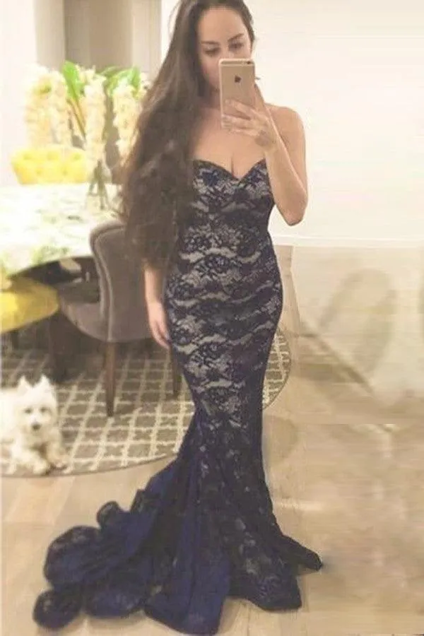 Mermaid Navy Blue Lace Sweetheart Sweep Train Sleeveless Prom Dress TP0110