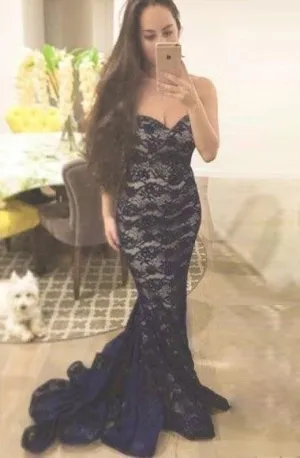 Mermaid Navy Blue Lace Sweetheart Sweep Train Sleeveless Prom Dress TP0110