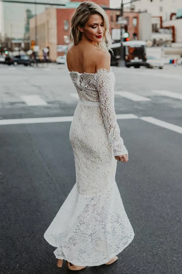 Mermaid Off-the-Shoulder Long Sleeves High Low Lace Beach Wedding Dress TN225