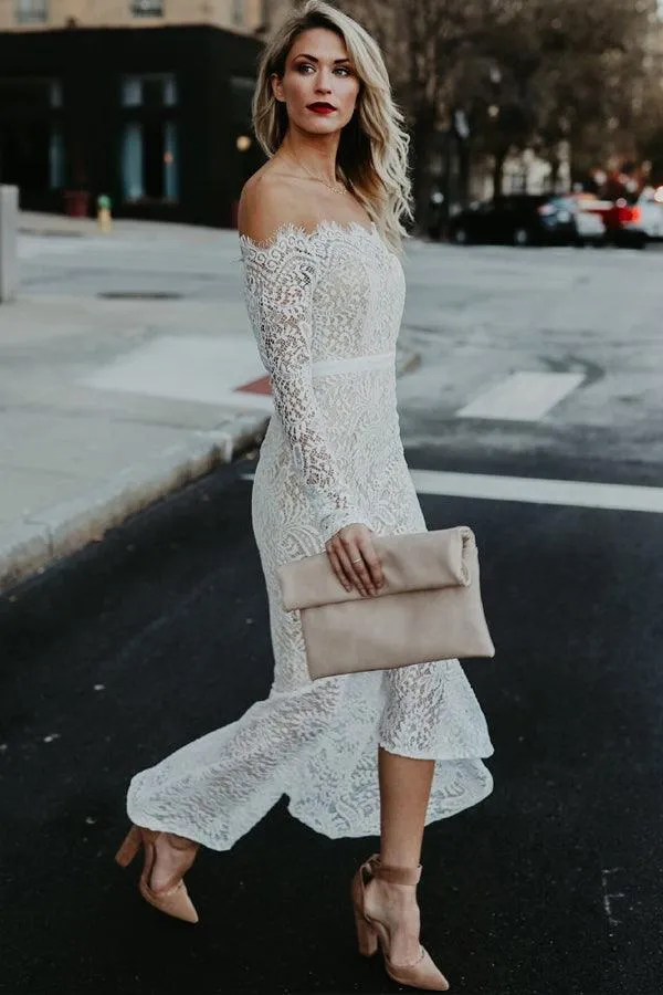 Mermaid Off-the-Shoulder Long Sleeves High Low Lace Beach Wedding Dress TN225