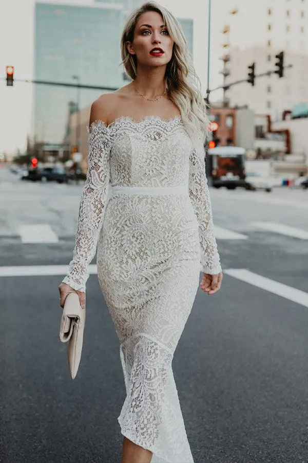 Mermaid Off-the-Shoulder Long Sleeves High Low Lace Beach Wedding Dress TN225