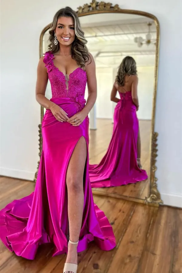 Mermaid One Shoulder Black Long Satin Prom Dress With Split TP1392