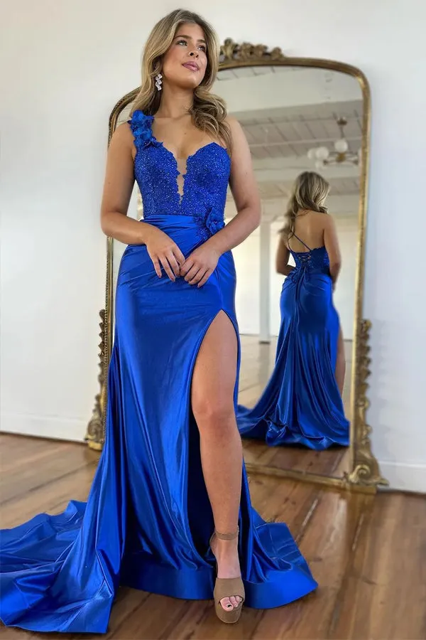 Mermaid One Shoulder Black Long Satin Prom Dress With Split TP1392