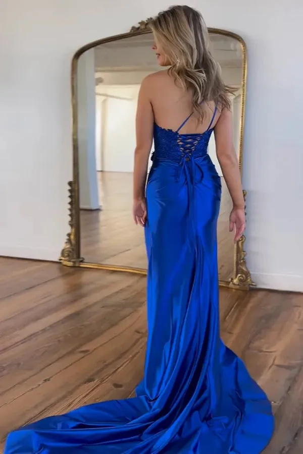 Mermaid One Shoulder Black Long Satin Prom Dress With Split TP1392
