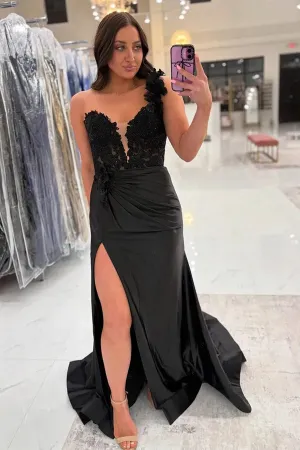 Mermaid One Shoulder Black Long Satin Prom Dress With Split TP1392