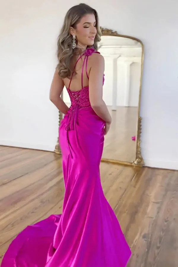 Mermaid One Shoulder Black Long Satin Prom Dress With Split TP1392