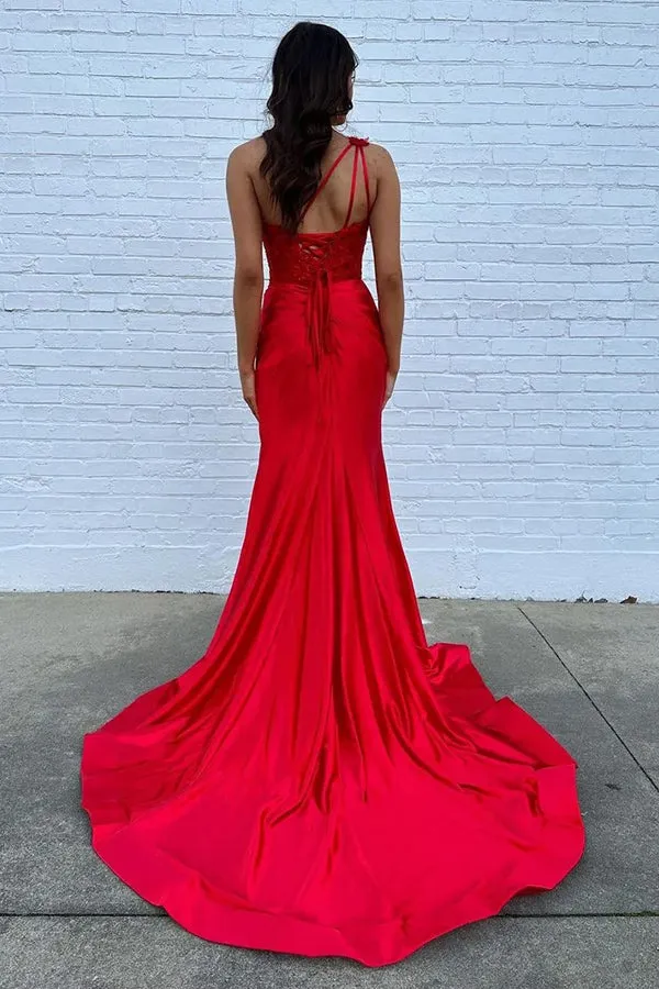 Mermaid One Shoulder Black Long Satin Prom Dress With Split TP1392