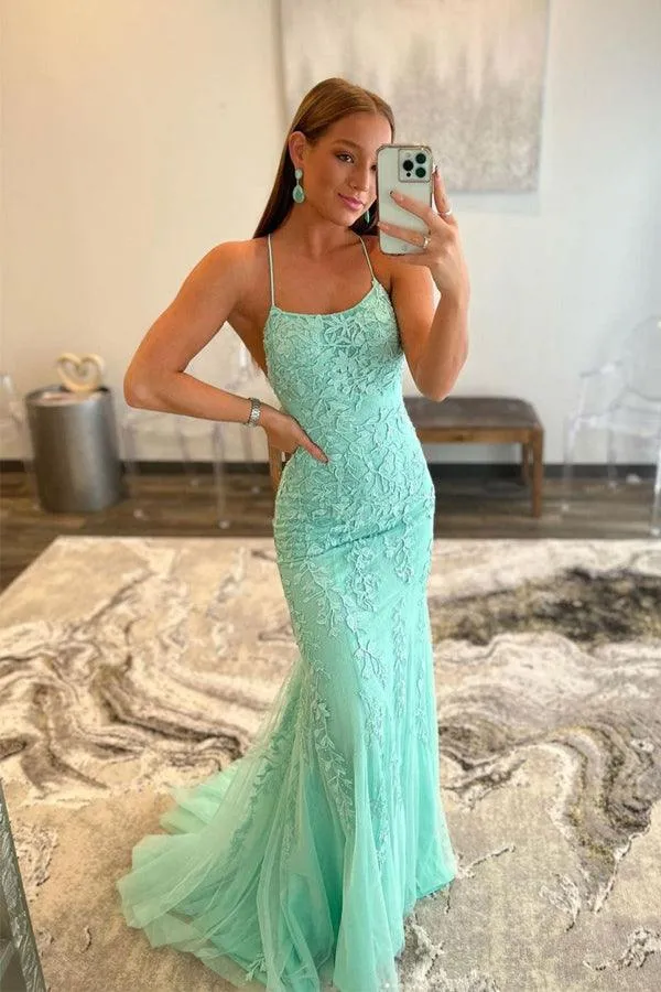 Mermaid Spaghetti Straps Long Blue Prom Dress Appliques Party Dress TP0924