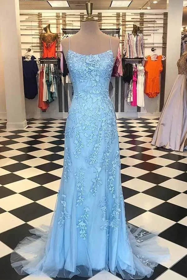 Mermaid Spaghetti Straps Long Blue Prom Dress Appliques Party Dress TP0924
