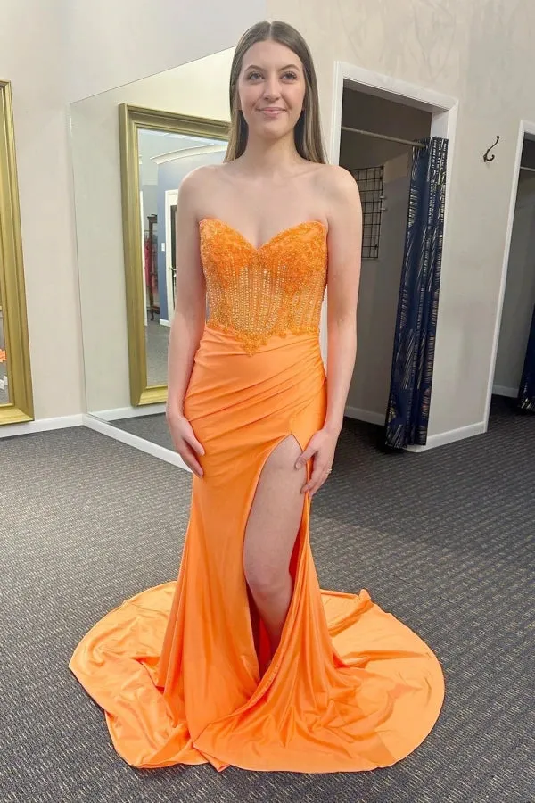 Mermaid Sweetheart Floor-Length  Orange Prom Dress With Slit TP1315