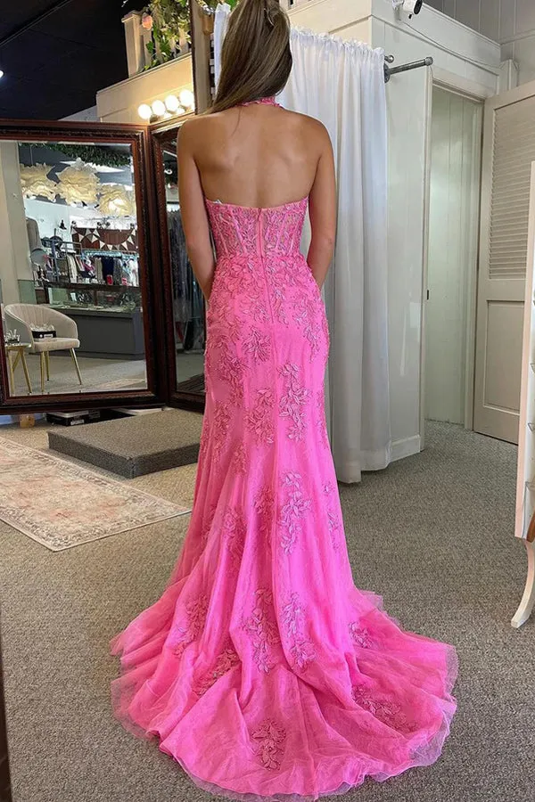 Mermaid V Neck Pink Long Prom Dress with Appliques TP1338