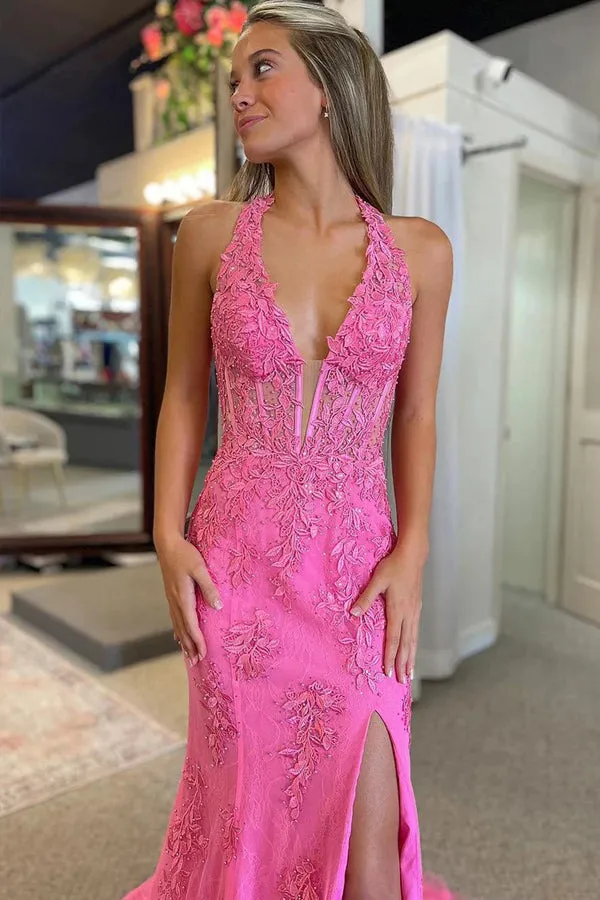 Mermaid V Neck Pink Long Prom Dress with Appliques TP1338