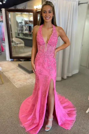 Mermaid V Neck Pink Long Prom Dress with Appliques TP1338